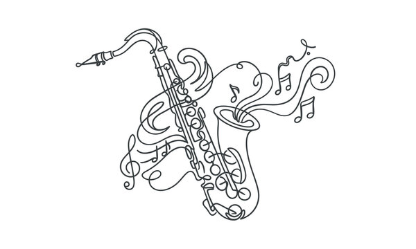 Line drawing saxophone with musical notes and swirls in a creative style isolated on white background, Vector silhouette one line art editable