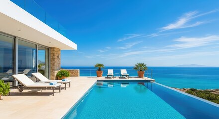 Fototapeta premium A stunning luxury villa overlooks a turquoise sea, featuring an infinity pool on a sun-drenched stone terrace under a bright summer sky, ocean, terrace, swimming
