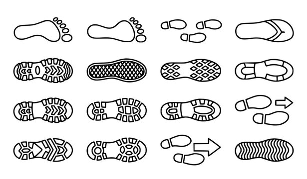 Footprint and Shoe Sole Icon Set with Walking Track and Sneaker Step Symbols Vector Illustration