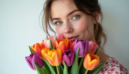 Fototapeta premium Young woman holds colorful tulip bouquet. Female gazes softly, smiling gently. Vibrant spring flowers, pink orange purple blooms, green stems. Simple portrait, beauty and freshness theme.