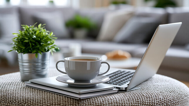 Ein ordentlicher, heller Schreibtisch mit Laptop, Notizb&uuml;chern, Kaffeetasse, Zimmerpflanze und Schreibtischlampe in einem modernen B&uuml;ro.
