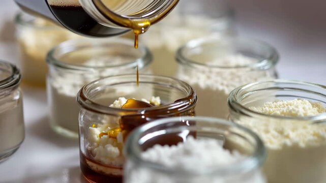 Glass jars filled with white crumbly substance and golden liquid being poured