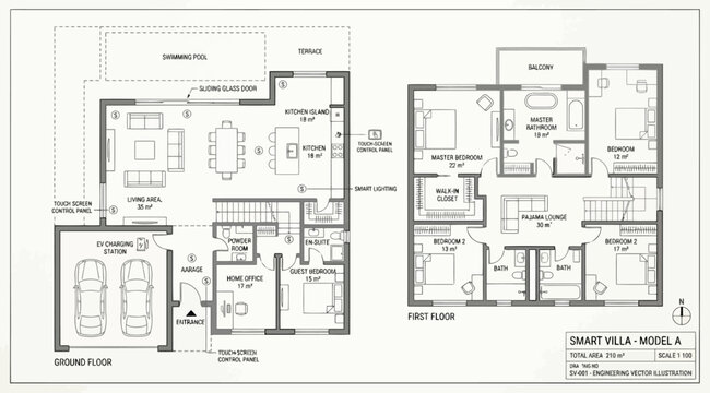 Architectural floor plans for a twostory smart villa model a showing ground and first floor layouts