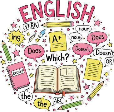 Colorful English Language Learning Doodle Set with Book Pencil Grammar Noun Verb and ABC Education Cartoon Vector Illustration