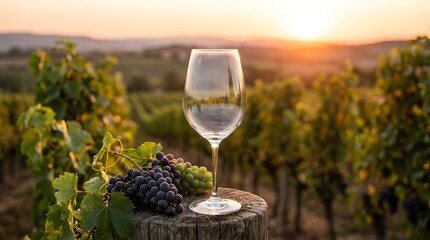 Clear wine glass with ripe grapes on rustic post, bathed in warm golden hour light across a sunlit vineyard, suitable for beverage industry promotion.