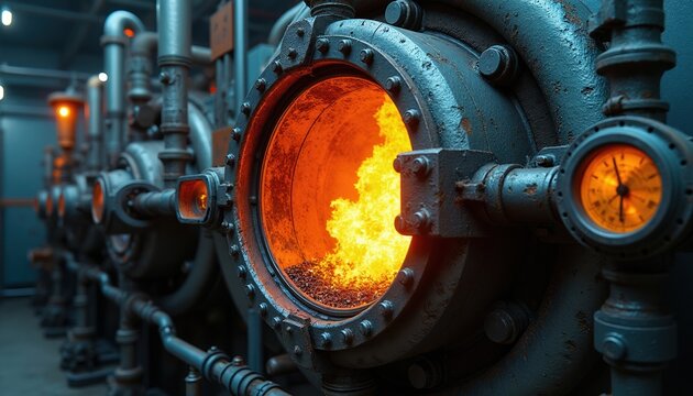 Industrial boiler with intense orange flame burning inside metal chamber. Pipes, gauges connect to heavy machinery, showing operational heat, pressure. Powerful furnace generates energy,