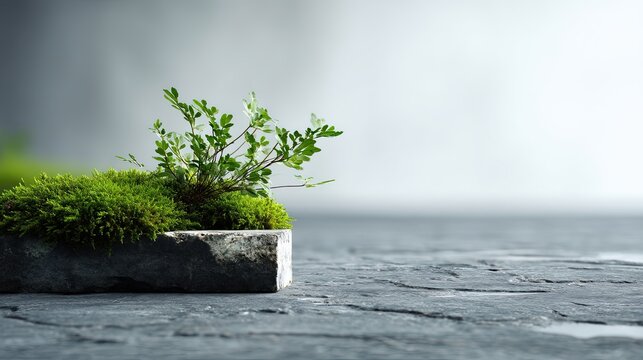 beautiful minimalist photography of modern [moss patch detail] with natural [rich green] color on a blurred stone gray background, macro shot, lens blur, wide angle photography, minimal