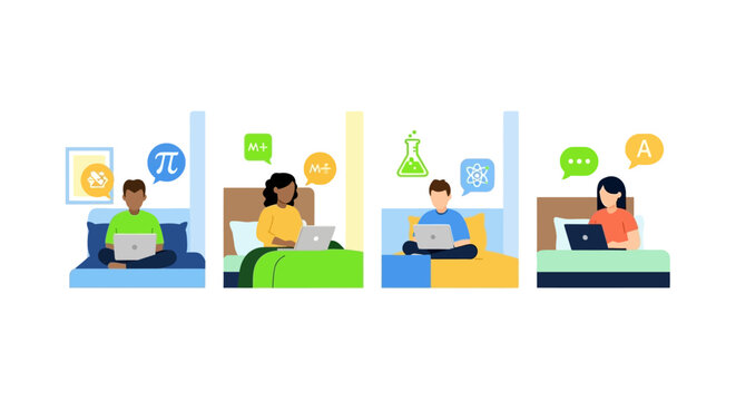Diverse Students Learning Online at Home from Bed with Laptops, Vector Illustration of E-Learning and Remote Education in Various Subjects Like Science and Math