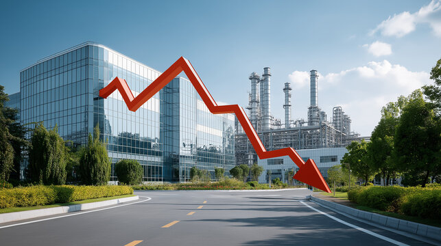Economic Downturn Symbolized: A stark red arrow indicating a sharp decline plunges downwards in front of a modern office building and industrial complex.