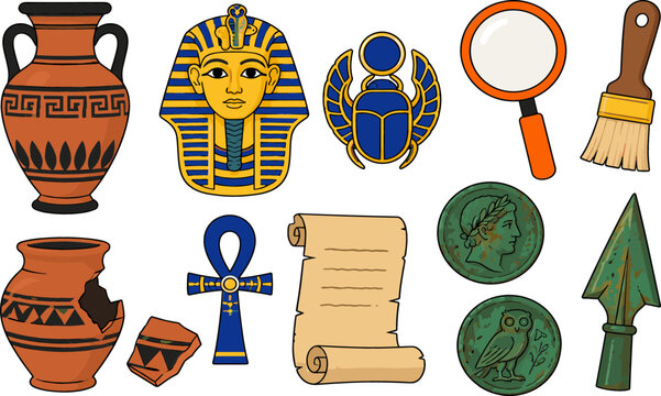 Ancient Archaeology and Egyptology Vector Icon Set with Pharaoh Mask, Amphora Vase, Scarab Beetle, Papyrus Scroll, Ankh, Coins, and Digging Tools