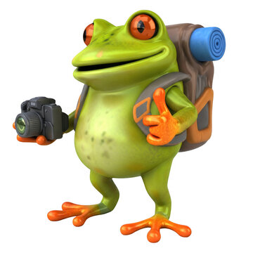 3d rendered cartoon frog with backpack and object