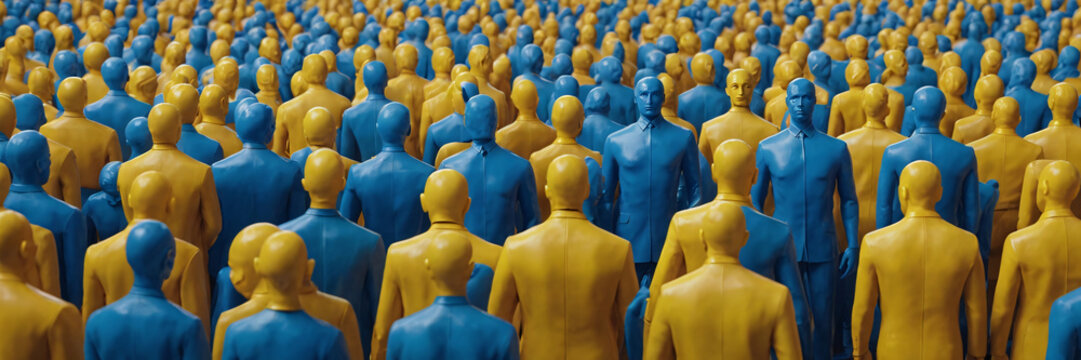 A high-angle view of a large crowd of stylized, featureless human figures colored in blue and yellow, standing close together in a dense mass. Banner