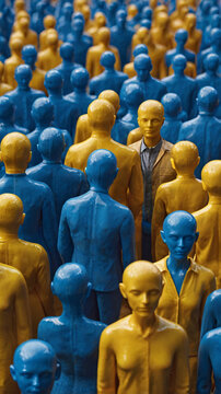 A high-angle view of a large crowd of stylized, featureless human figures colored in blue and yellow, standing close together in a dense mass