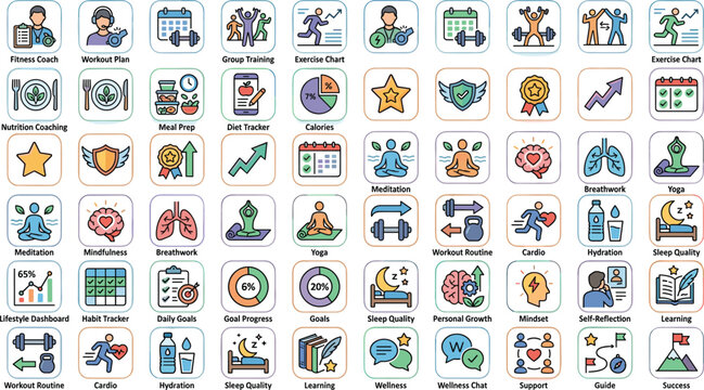 Fitness workout and wellness lifestyle coaching vector icon set with nutrition meditation cardio tracker and yoga elements