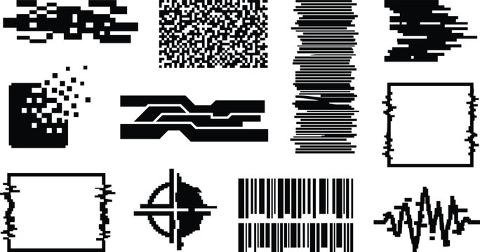 Digital glitch effect and pixel data corruption vector icon set with barcode waveform and distorted frame elements