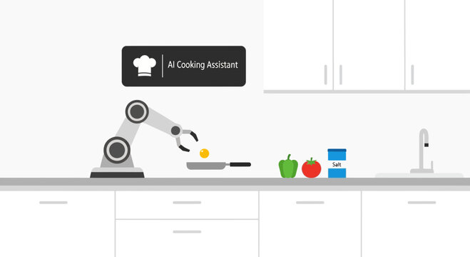 Robot arm cooking in a modern kitchen, AI cooking assistant concept