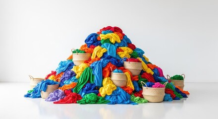 Naklejka premium A wide panoramic scene featuring huge mounds of unwashed colorful clothes and baskets on a bright floor with ample empty space for copy, cleaning, laundry room, household