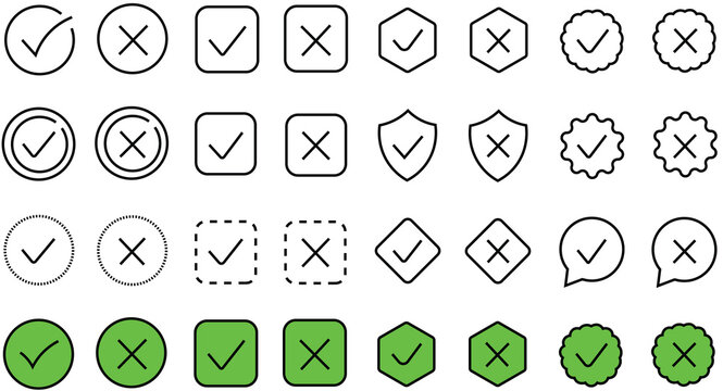 Check mark icon set. Check box icon with right and wrong buttons and yes or no checkmark icons in green tick box and red cross. vector illustration. Best Design. EPS 10. 
