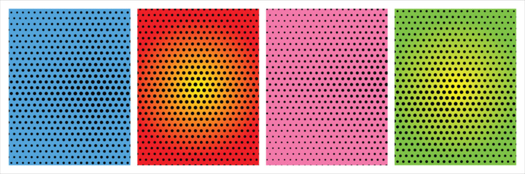 Vibrant set of four different gradient colored panels with classic black halftone dot patterns