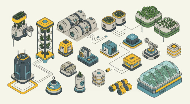 Isometric futuristic technology and machinery elements collection.