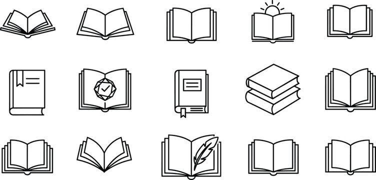 Open book and library literature reading line vector icon set with textbook dictionary stack and bookmark elements