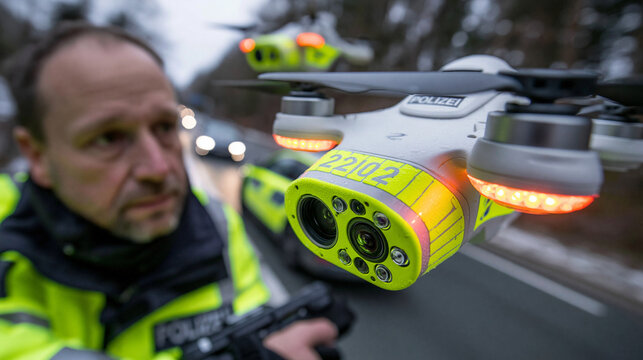 Ein Polizeibeamter steht hinter einer professionellen Drohne