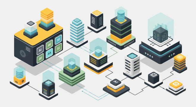 Abstract Digital Network of Servers and Data Cubes.