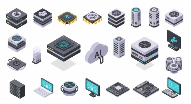 Isometric computer hardware and technology icons set.