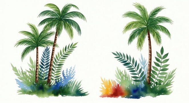 Exuberante selva tropical pintada en acuarela con palmeras vibrantes, helechos delicados y suaves manchas de colores naturales sobre papel blanco, helechos, mancha, selva
