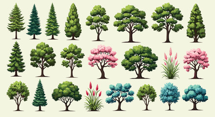 Fototapeta premium Extensive collection of various tree types and shrubs including conifers, deciduous trees, and flowering plants in a flat design style.