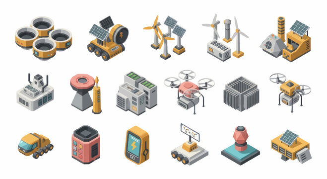 Collection of isometric industrial and technological objects.