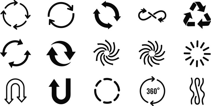 Circular arrows and loading refresh process vector icon set with recycle infinity loop swirl and rotation progress