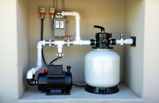 Pool pump and sand filter system for water purification. Residential pool cleaner machine with pipes and electrical control unit. Water filtration equipment installed for clean swimming.
