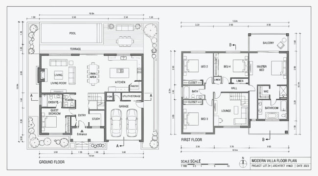 Ground and first floor architectural plans for a modern villa