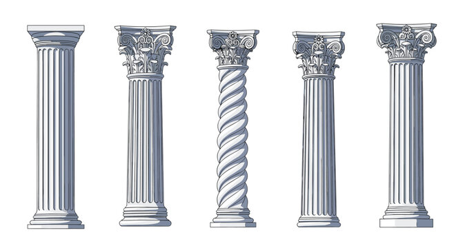 Set of five classical architectural columns in different styles including Doric, Ionic, Corinthian, and spiral designs in grayscale.