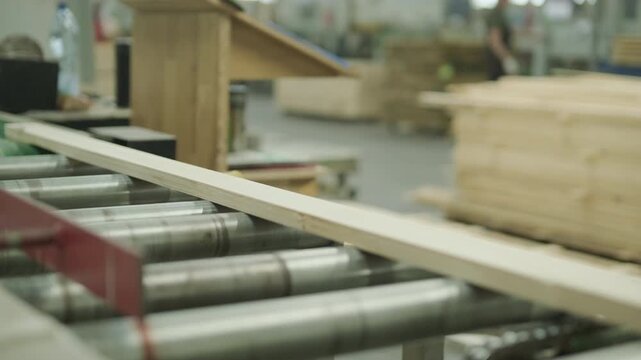 A stream of small wooden pieces and offcuts moving along a conveyor belt, representing byproduct management in a large wood factory