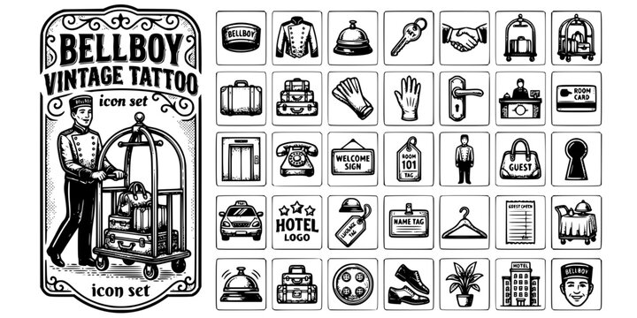 Hotel Bellboy Vintage Tattoo Black White-Uniform Cart Badge Classic-Service Vector-Bellboy Icon Tattoo-Hotel Instruction Design Set