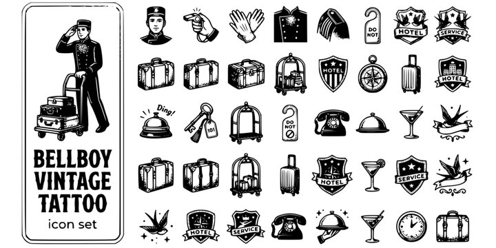 Hotel Bellboy Vintage Tattoo Black White-Uniform Cart Badge Classic-Service Vector-Bellboy Icon Tattoo-Hotel Instruction Design Set