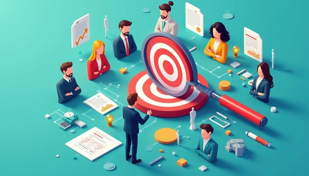 Business team analyzes target market data with magnifying glass. People study charts reports, plan marketing strategy. Aiming for customer success and growth.