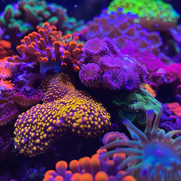 Vibrant Bioluminescent Coral Reef and Sea Anemones Underwater Macro