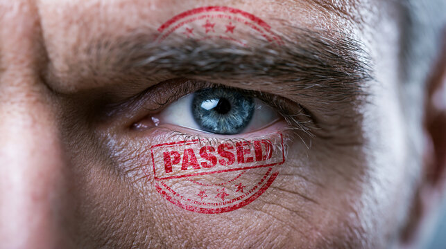 Nahaufnahme eines Mannes mit einem roten Stempelaufdruck &bdquo;Passed" direkt &uuml;ber dem Auge.