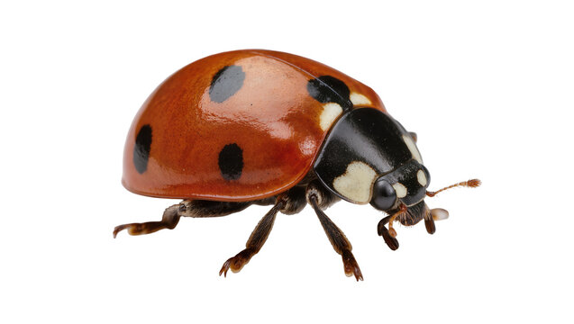 Orange ladybug with black spots on white