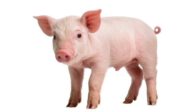 Pink piglet standing on white, looking forward