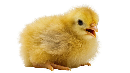 Fluffy yellow chick with open beak and dark eyes © Maria