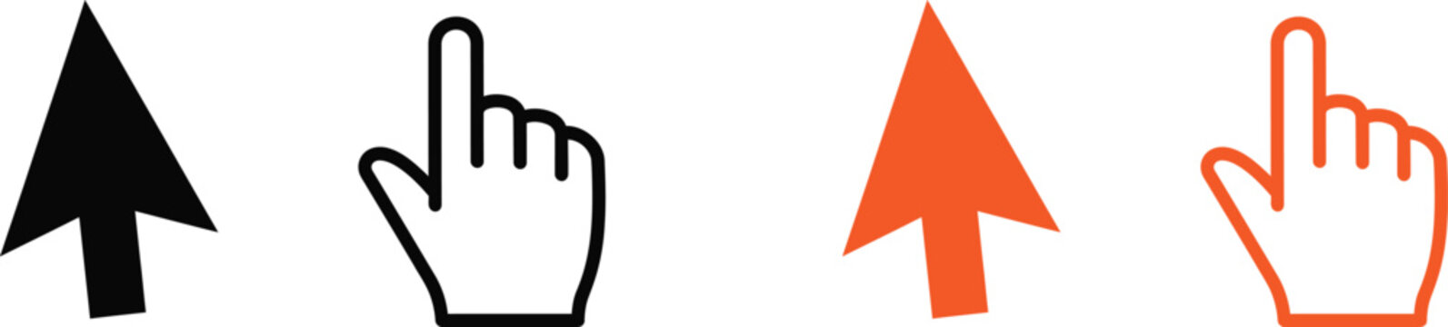 Set of computer mouse pointer arrow and hand cursor icons in black and orange colors