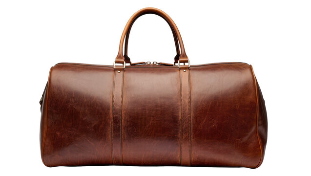 Brown leather duffel bag with handles and zipper