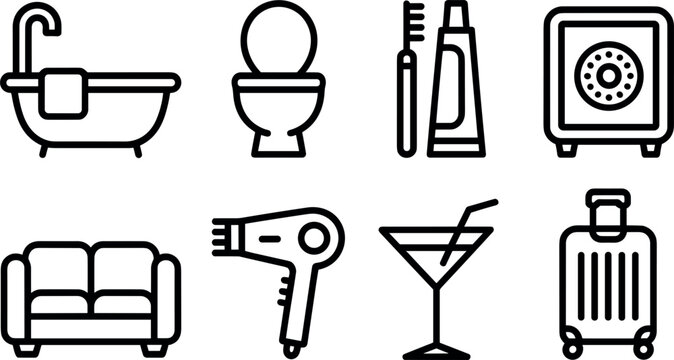 Hotel service and room amenities line icons set for luxury hospitality accommodation symbolsvv