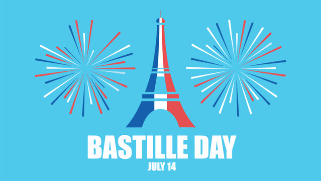 bastille day france celebration illustration with eiffel tower fireworks and patriotic french colors isolated on blue background design