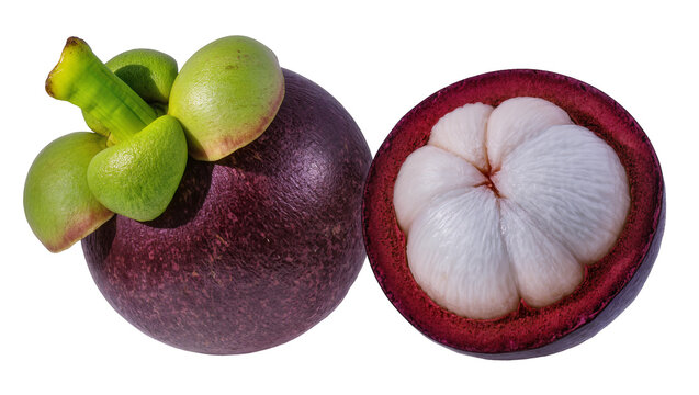 Whole and halved mangosteen fruit with green calyx