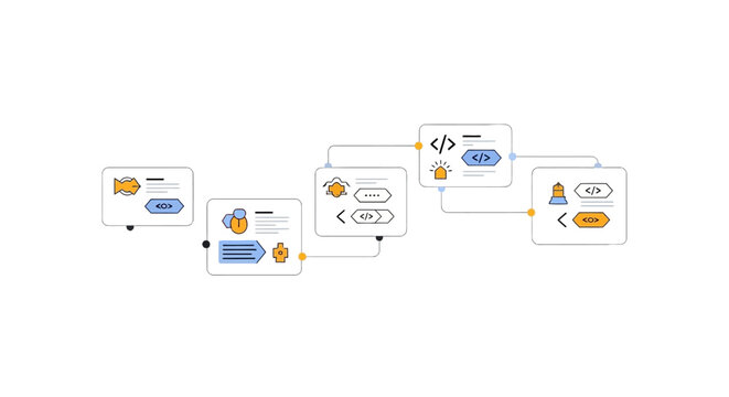 Software Development Workflow Illustration with Code Blocks and UI Elements - Flowchart of Programming Process and Web Design Logic